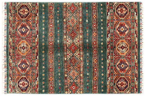 Afghan Ziegler Khorjin Teppich 100x150 Handgeknüpft Grün Gestreift Orient Kurzflor