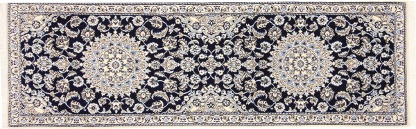 Persian carpet Nain 9LA 60x200 hand-knotted runner dark blue medallion oriental