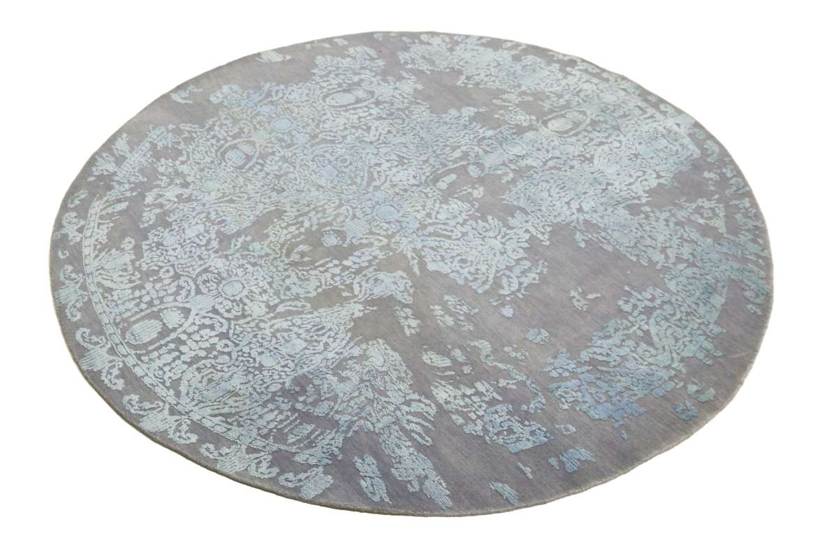 Moderner runder Teppich 250x250 Handgeknüpft Grau Abstrakt Orientalisch UNIKAT Kurzflor | Moderne Handgeknüpfte Teppiche | Moderne Teppiche