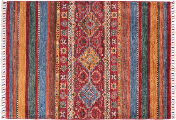 Afghan Ziegler Khorjin Teppich 100x150 Handgeknüpft Rot Streifen Orient Kurzflor