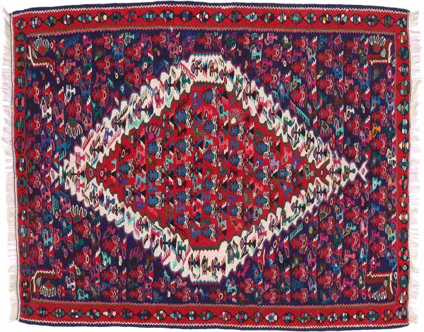 Persian carpet Kelim Sanandaj 130x150 Handwoven Blue Geometric Handwork Room