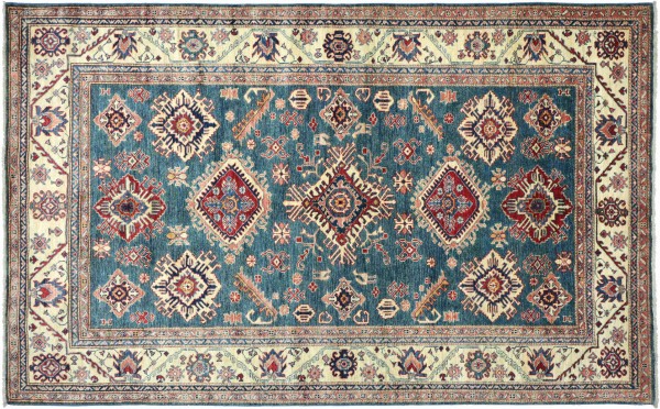 Afghan Kazak Fine Teppich 180x250 Handgeknüpft Blau Geometrische Wolle Kurzflor Rug
