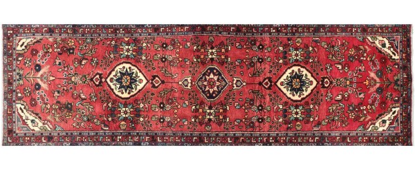 Persian Hamedan carpet 90x300 hand-knotted runner red mirror pattern Orient short pile