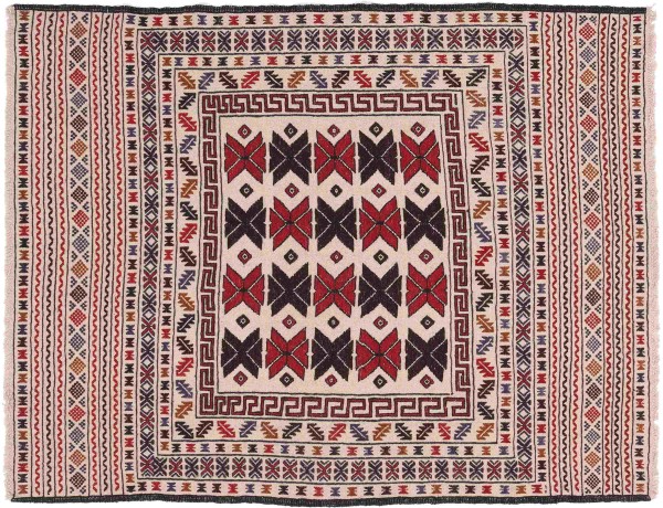 Afghan Kelim Gol Barjasta Teppich 140x180 Handgewebt Beige Geometrisch Handarbeit