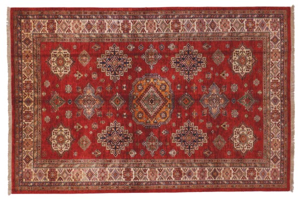 Feiner Kazak Teppich 200x300 Handgeknüpft Dunkelrot Geometrisch Orientalisch UNIKAT