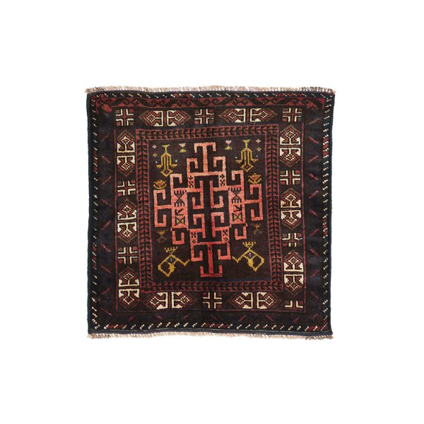 Afghan Poshti Bridge Mat Carpet 80x80 Hand Knotted Square Brown Geometric