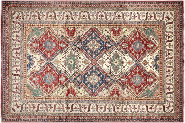 Afghan Feiner Kazak Teppich 240x340 Handgeknüpft Beige Geometrisch Orient Kurzflor
