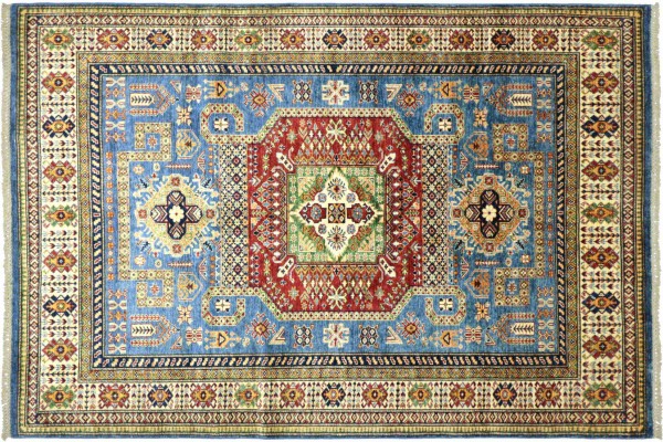 Afghan Kazak Fine Teppich 180x240 Handgeknüpft Blau Geometrische Wolle Kurzflor Rug