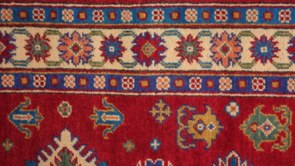 Kazak Teppich 80x300 Handgeknüpft Läufer rot Geometrisch Orientalisch UNIKAT Kurzflor