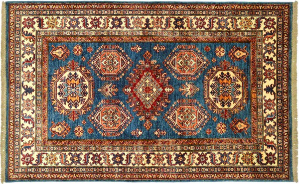 Afghan Kazak Fein 120x170 Handgeknüpft Orientteppich Blau Umrandung Wolle