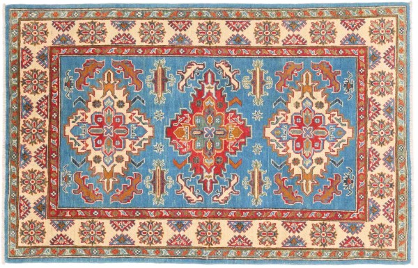 Kazak Teppich 120x180 Handgeknüpft Blau Geometrisch Orientalisch UNIKAT Kurzflor
