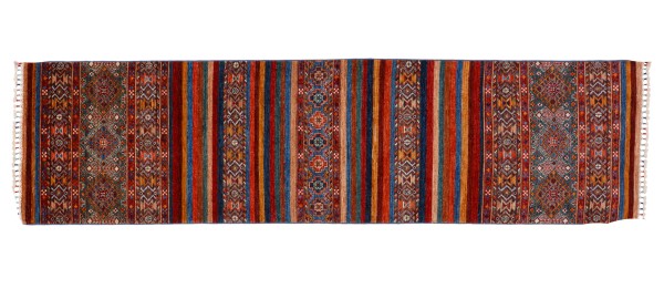 Khorjin Shaal Teppich 80x300 Handgeknüpft Läufer Bunt Streifen Orientalisch UNIKAT