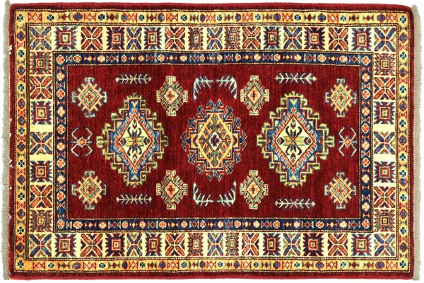 Afghan Kazak Fein 80x120 Handgeknüpft Orientteppich Rot Umrandung Wolle Kurzflor