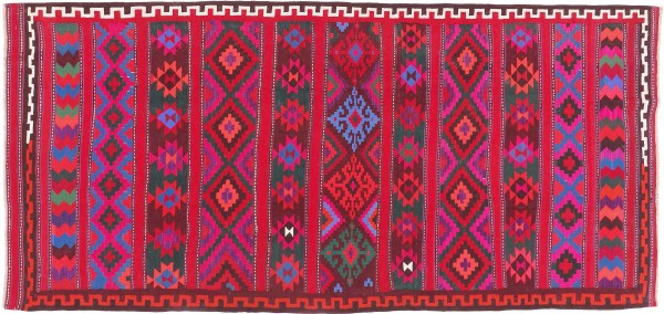 Afghan Kilim Soumakh Ghalmuri Rug 140x300 Handwoven Red Geometric Handmade