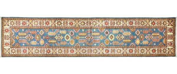 Afghan Kazak Fein 80x320 Handgeknüpft Orientteppich Läufer Blau Geometrisch