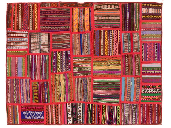 Afghan Patchwork Teppich 200x160 Handgewebt Quadratisch Bunt Feldmuster Handarbeit