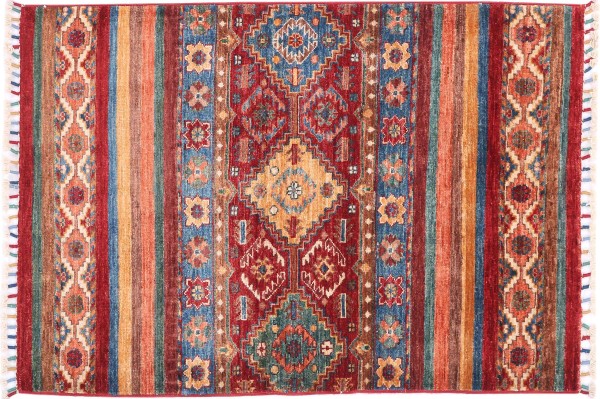 Afghan Ziegler Khorjin Rug 90x130 Hand Knotted Red Striped Orient Short Pile