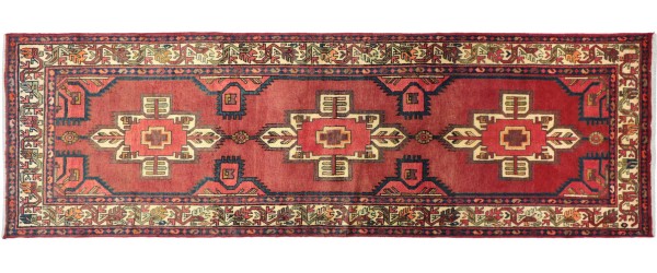 Perser Hamedan Teppich 100x310 Handgeknüpft Läufer Rot spiegelmuster Wolle Kurzflor Rug