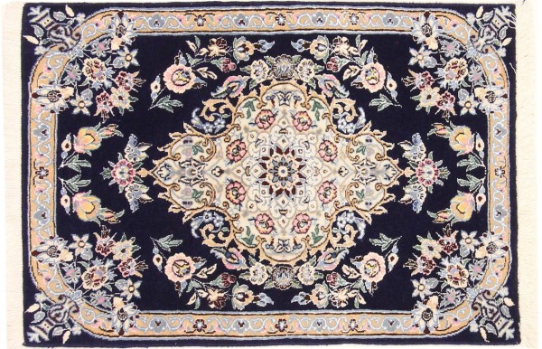 Persian carpet Nain 9LA 60x90 hand-knotted dark blue medallion oriental UNIKAT
