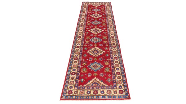 Kazak Teppich 80x300 Handgeknüpft Läufer rot Geometrisch Orientalisch UNIKAT Kurzflor