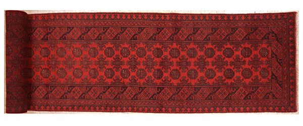 Afghan Aqcha Teppich 80x500 Handgeknüpft Läufer Rot Geometrisch Orient Kurzflor