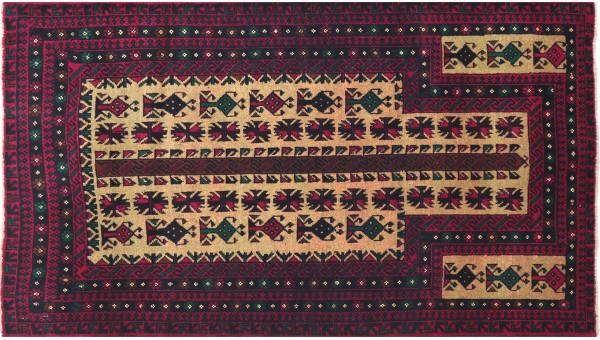 Afghan Prayer Rug Baluch Rug 120x120 Hand Knotted Red Geometric Pattern