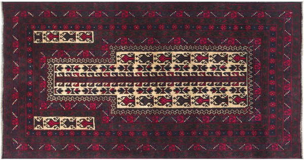Afghan Prayer Rug Baluch Rug 90x150 Hand Knotted Red Geometric Patterns