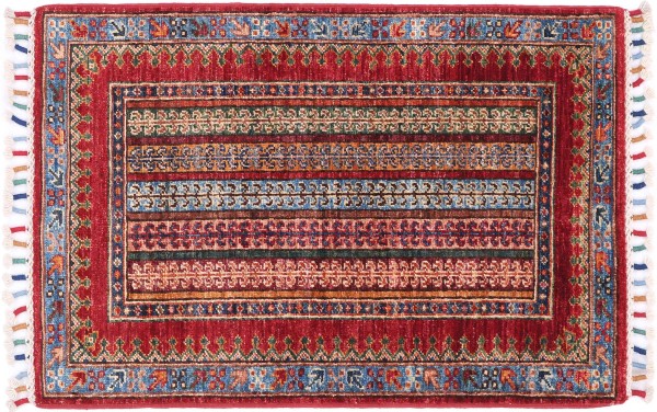 Afghan Khorjin Shaal Teppich 60x100 Handgeknüpft Rot Streifen Orient Kurzflor