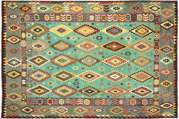 Afghan Maimana Kelim Bunt 393x303 Handgewebt Teppich 300x390 Türkis Geometrisch Orient