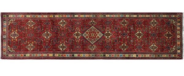 Perser Hamedan Teppich 80x300 Handgeknüpft Läufer Rot spiegelmuster Wolle Kurzflor Rug
