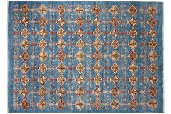 Afghan Kazak Fine Teppich 180x220 Handgeknüpft Blau Geometrische Wolle Kurzflor Rug