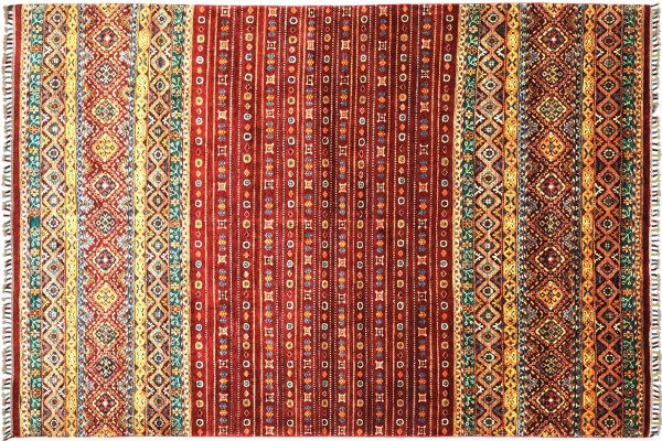 Afghan Khorjin Shaal 200x300 Handgeknüpft Orientteppich Rot Streifen Wolle