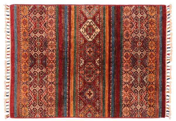 Khorjin Shaal Carpet 80x120 Hand-knotted Red Stripes Oriental UNIKAT Short Pile