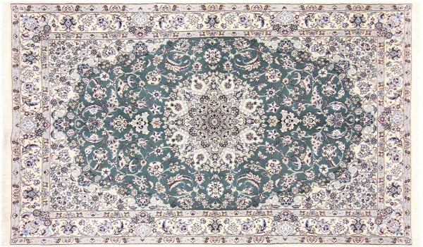 Persian carpet Nain 9LA 160x260 Hand-knotted Green Medallion Oriental UNIKAT short pile