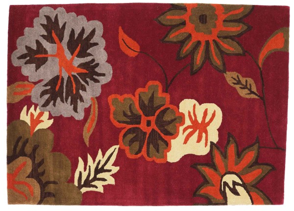 Teppich Blüte Wolle 160x230 Rot Floral Handarbeit Handtuft Modern