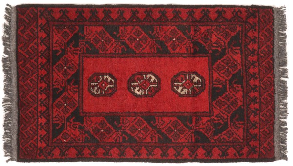 Afghan Teppich Akche Aqcha Handgeknüpft 50x100 Rot Geometrisches Muster Kurzflor