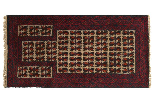 Afghan Baluch Rug 80x120 Hand Knotted Red Geometric Pattern Orient Short Pile
