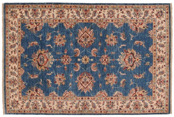 Chobi Ziegler Teppich 120x180 Handgeknüpft Blau Floral Orientalisch UNIKAT Kurzflor