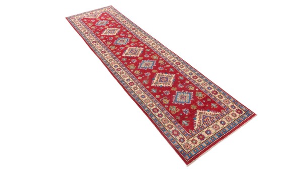 Kazak Teppich 80x300 Handgeknüpft Läufer rot Geometrisch Orientalisch UNIKAT Kurzflor