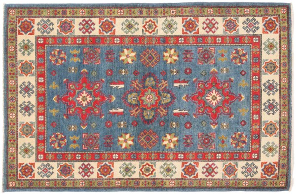 Kazak Teppich 100x150 Handgeknüpft Blau Geometrisch Orientalisch UNIKAT Kurzflor