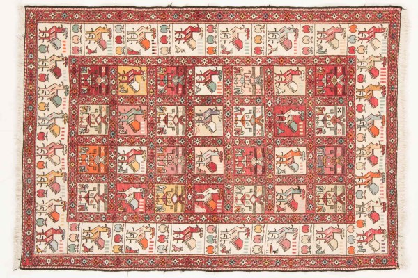 Persian carpet silk soumakh bird 100x150 handwoven beige geometric handmade