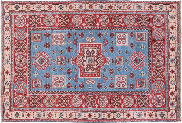 Afghan Kazak Rug 120x170 Hand Knotted Blue Geometric Orient Low Pile Living Room