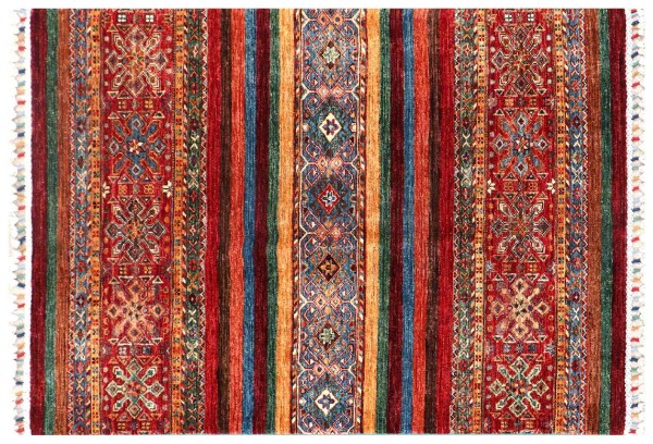 Afghan Ziegler Khorjin Teppich 100x150 Handgeknüpft Rot Gestreift Orient Kurzflor