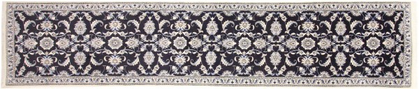 Persian carpet Nain Kashmar 80x400 hand-knotted runner dark blue flowers oriental