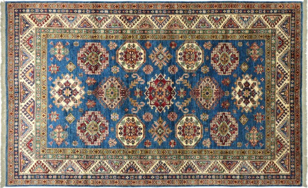 Afghan Kazak Fine Teppich 170x240 Handgeknüpft Blau Geometrische Orient Kurzflor