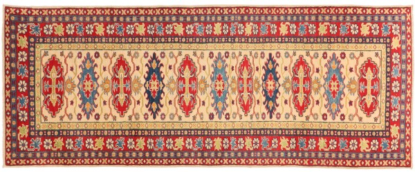 Kazak Teppich 80x300 Handgeknüpft Läufer Beige Floral Orientalisch UNIKAT Kurzflor