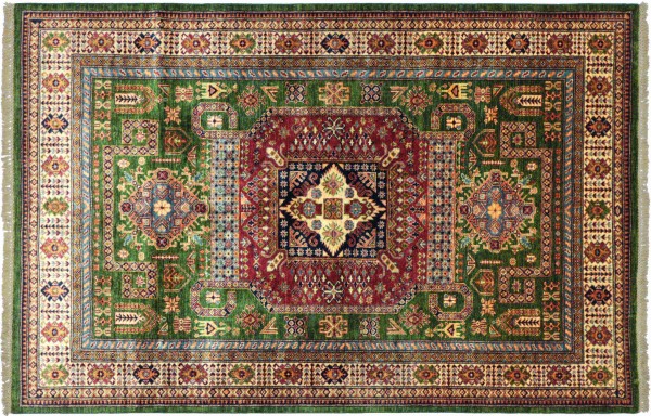 Afghan Kazak Fine Teppich 170x240 Handgeknüpft Grün Geometrische Wolle Kurzflor Rug
