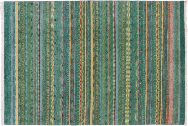 Afghan Ziegler Khorjin Ariana Teppich 170x240 Handgeknüpft grün Streifen Orient