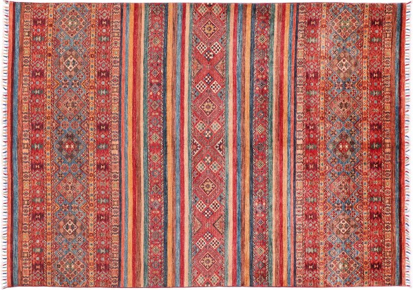 Afghan Ziegler Khorjin Rug 200x300 Hand Knotted Red Stripes Orient Short Pile