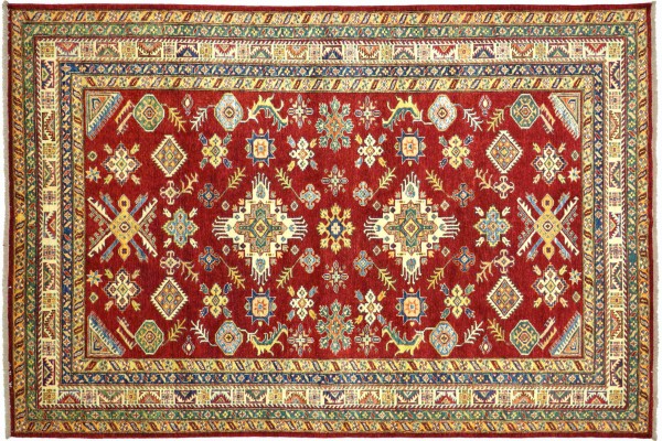 Afghan Kazak Fein 200x300 Handgeknüpft Orientteppich Rot Umrandung Wolle